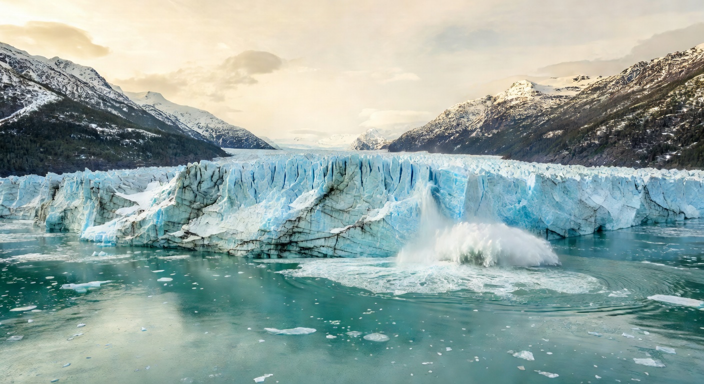 A wide editorial travel photograph of a massive tidewater glacier calving ice into turquoise water with forested mountain slopes on either side, taken from the perspective of an approaching ship in Gl