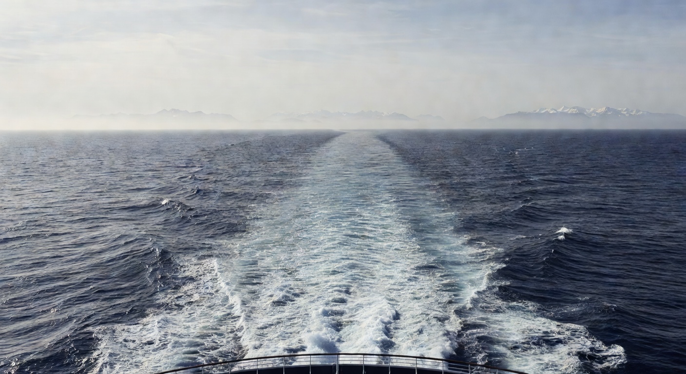A wide editorial travel photograph of a cruise ship's wake stretching across a vast dark blue North Pacific Ocean toward a distant horizon where snow-capped peaks are just becoming visible through haz