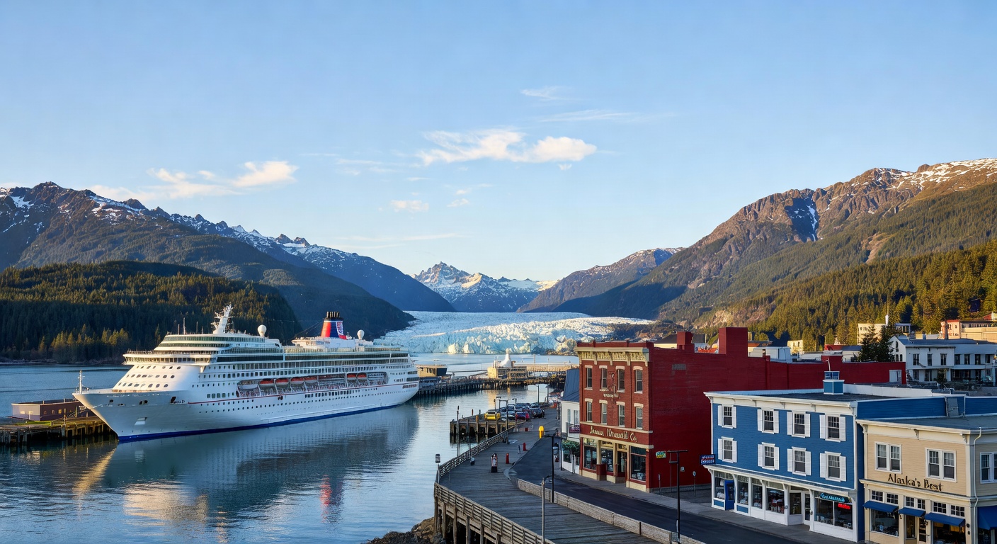 A wide editorial travel photograph of the Juneau Alaska waterfront with a cruise ship docked at port, the Mendenhall Glacier area mountains rising behind the colorful downtown buildings under a clear 