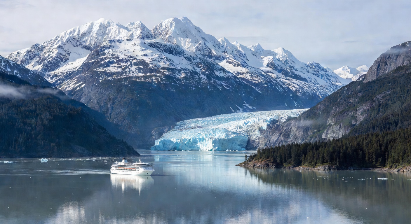 A wide panoramic editorial photograph of snow-capped Alaskan mountains and glaciers rising above a calm fjord with a single cruise ship in the distance, shot in soft natural light that emphasises the 