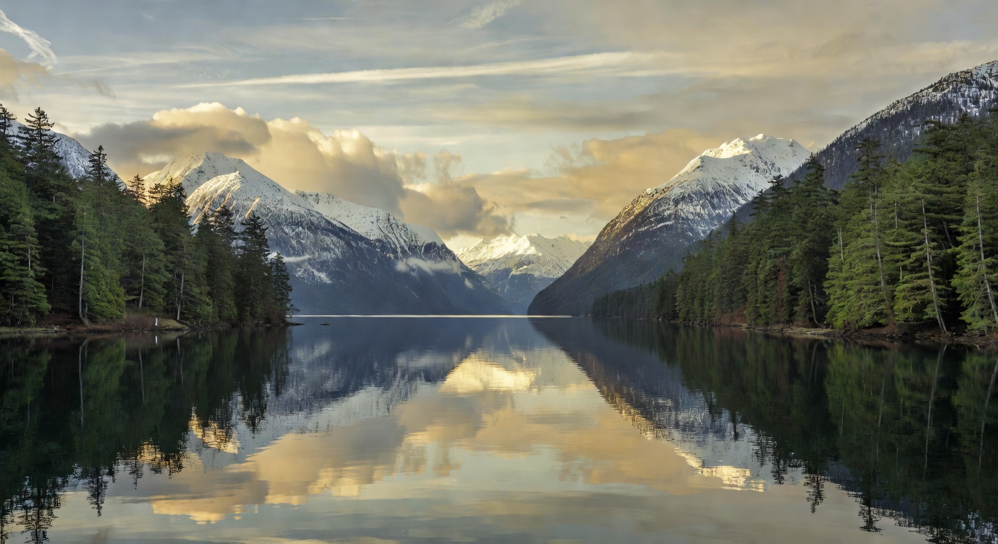 A wide panoramic editorial travel photograph of Alaska's Inside Passage with towering snow-capped mountains reflected in calm fjord waters, lush green shoreline forests, and soft golden light filterin