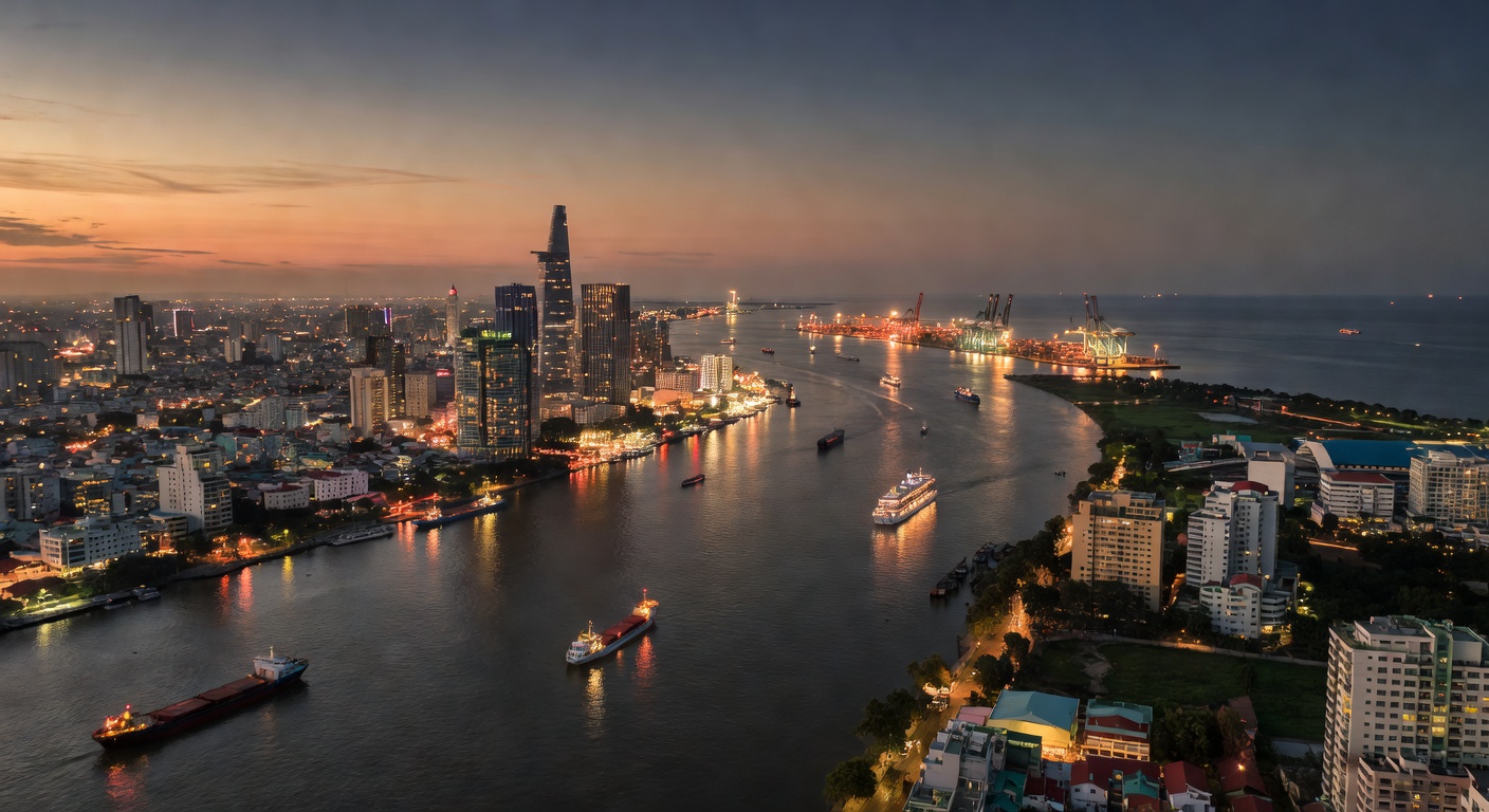 A wide cinematic aerial photograph of the Saigon River winding through Ho Chi Minh City's skyline at dusk with warm city lights reflecting on the water and cargo or cruise vessels visible along the wa