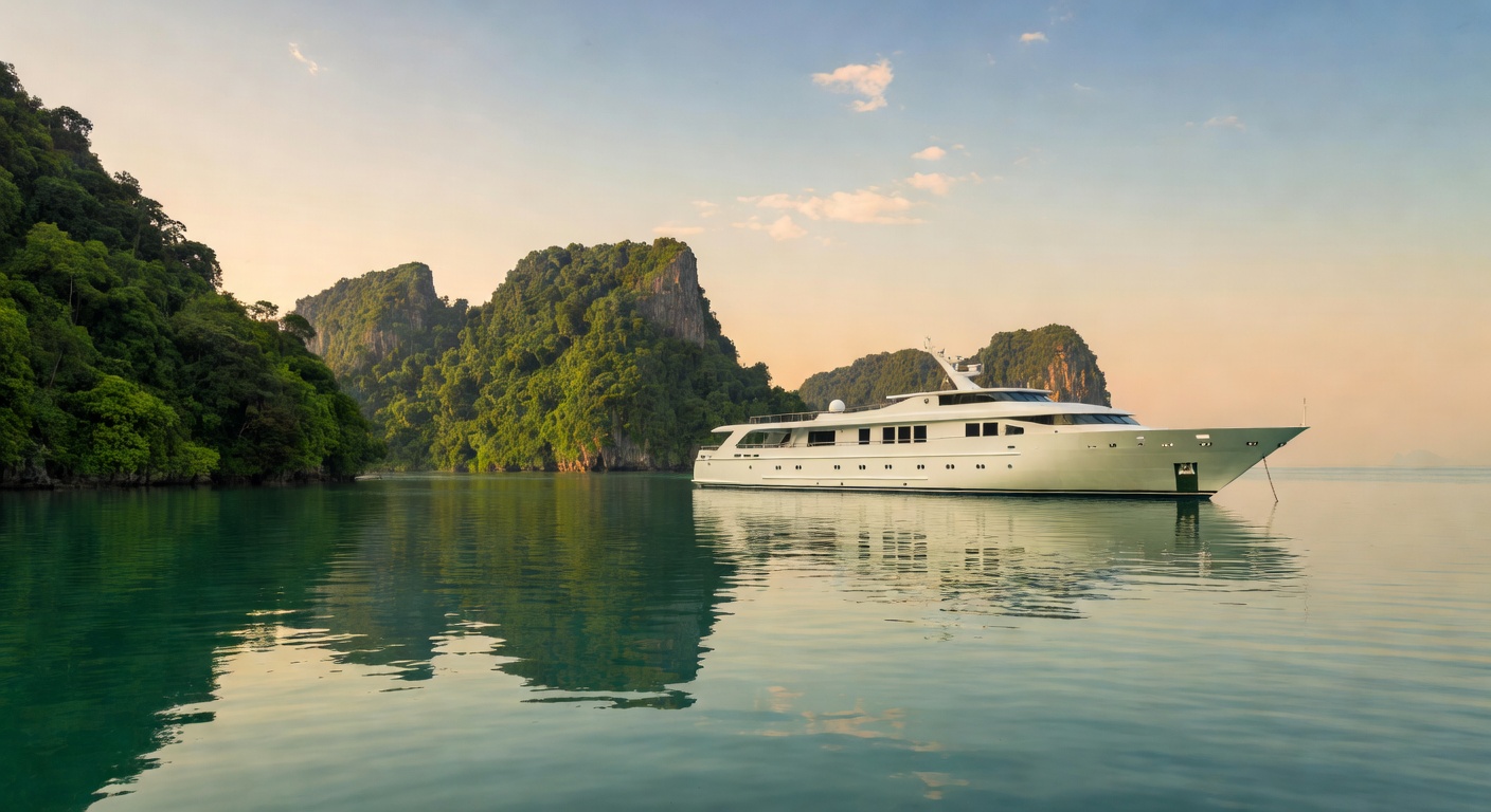 A wide editorial travel photograph of an elegant mid-size cruise ship anchored off a lush Southeast Asian coastline, its sleek white hull reflecting on calm tropical waters, with no mega-ship features