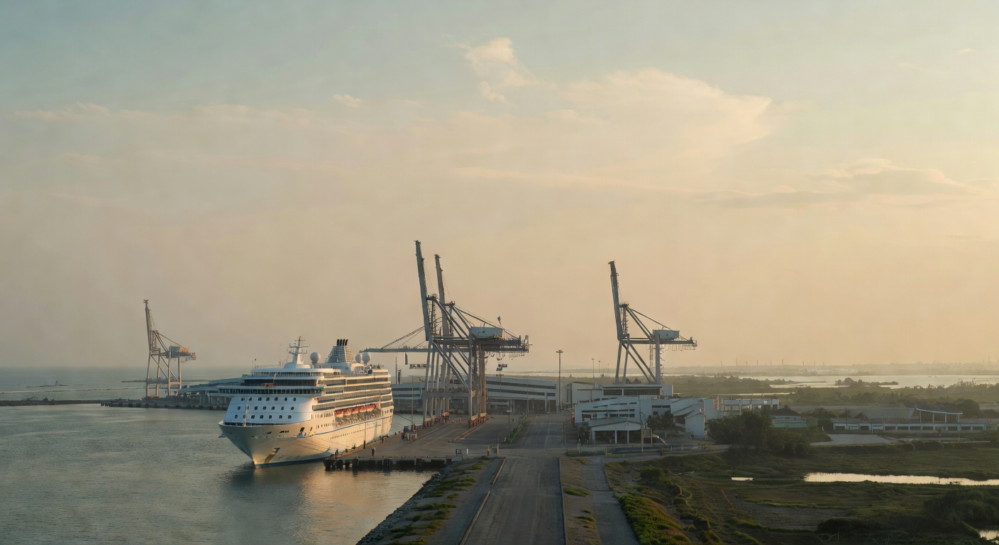 A wide editorial travel photograph of a commercial port facility in southern Vietnam with a mid-size cruise ship docked alongside industrial cranes, flat coastal terrain, and a long access road stretc
