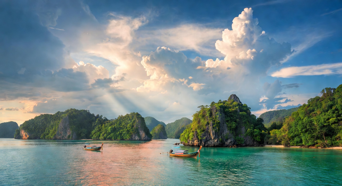 A wide editorial travel photograph of a sweeping tropical Southeast Asian seascape with emerald-green islands, traditional wooden boats, and calm turquoise waters under a dramatic cloud-filled sky, su