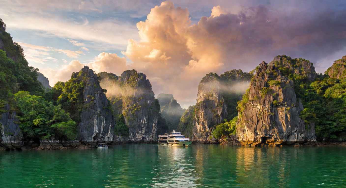A wide cinematic editorial travel photograph of Ha Long Bay-style limestone karsts rising from emerald waters with a mid-size cruise ship gliding between them under dramatic golden-hour clouds, evokin