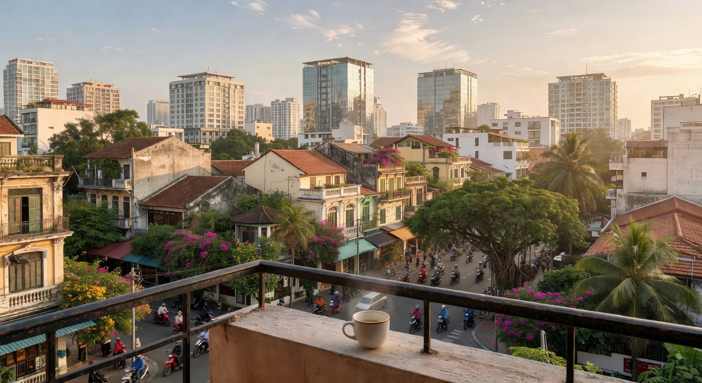 A wide editorial travel photograph of a well-travelled couple's perspective from a hotel balcony in Ho Chi Minh City's District 1, looking out over a dense mosaic of colonial and modern buildings, mot