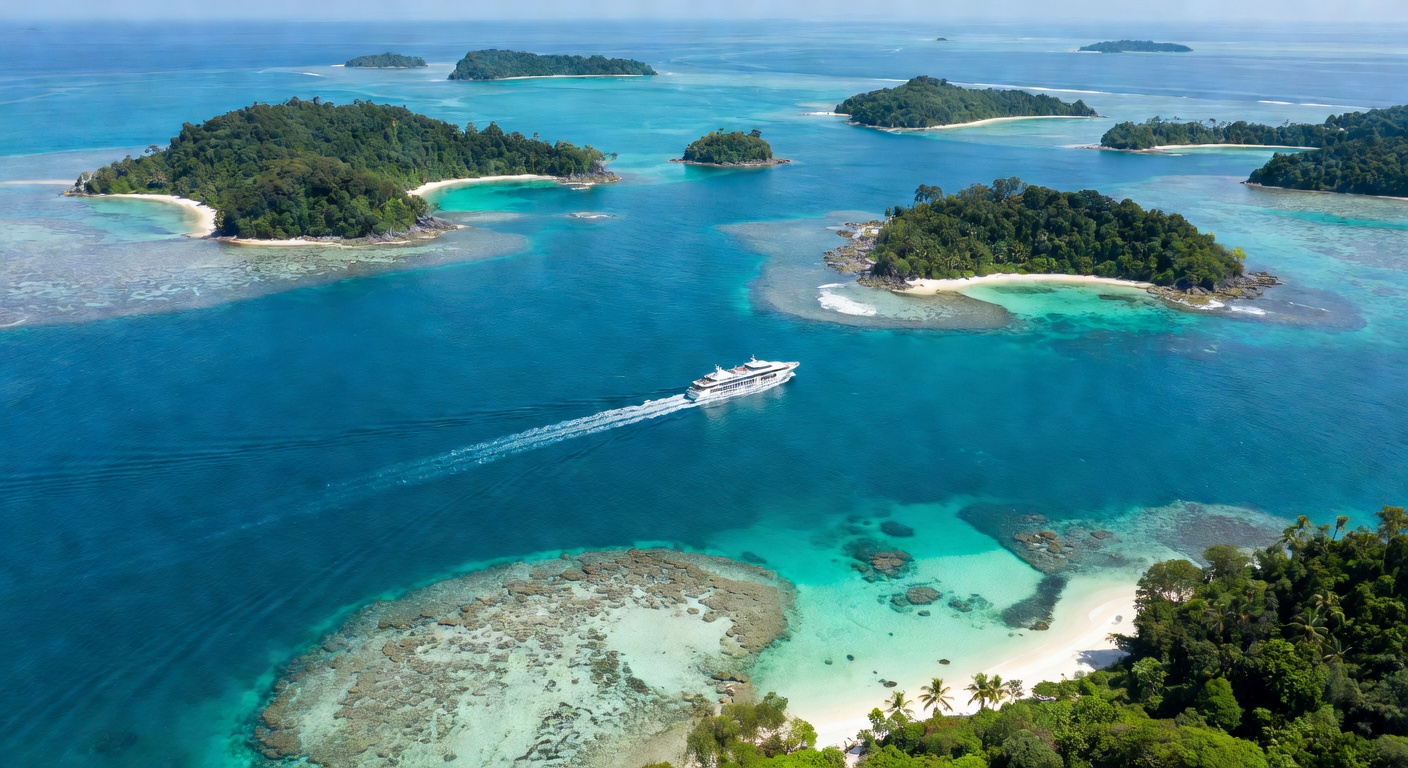 A wide cinematic aerial photograph of a small luxury cruise ship navigating through the turquoise waters of a remote Indonesian archipelago, with scattered forested islands and coral reefs visible fro