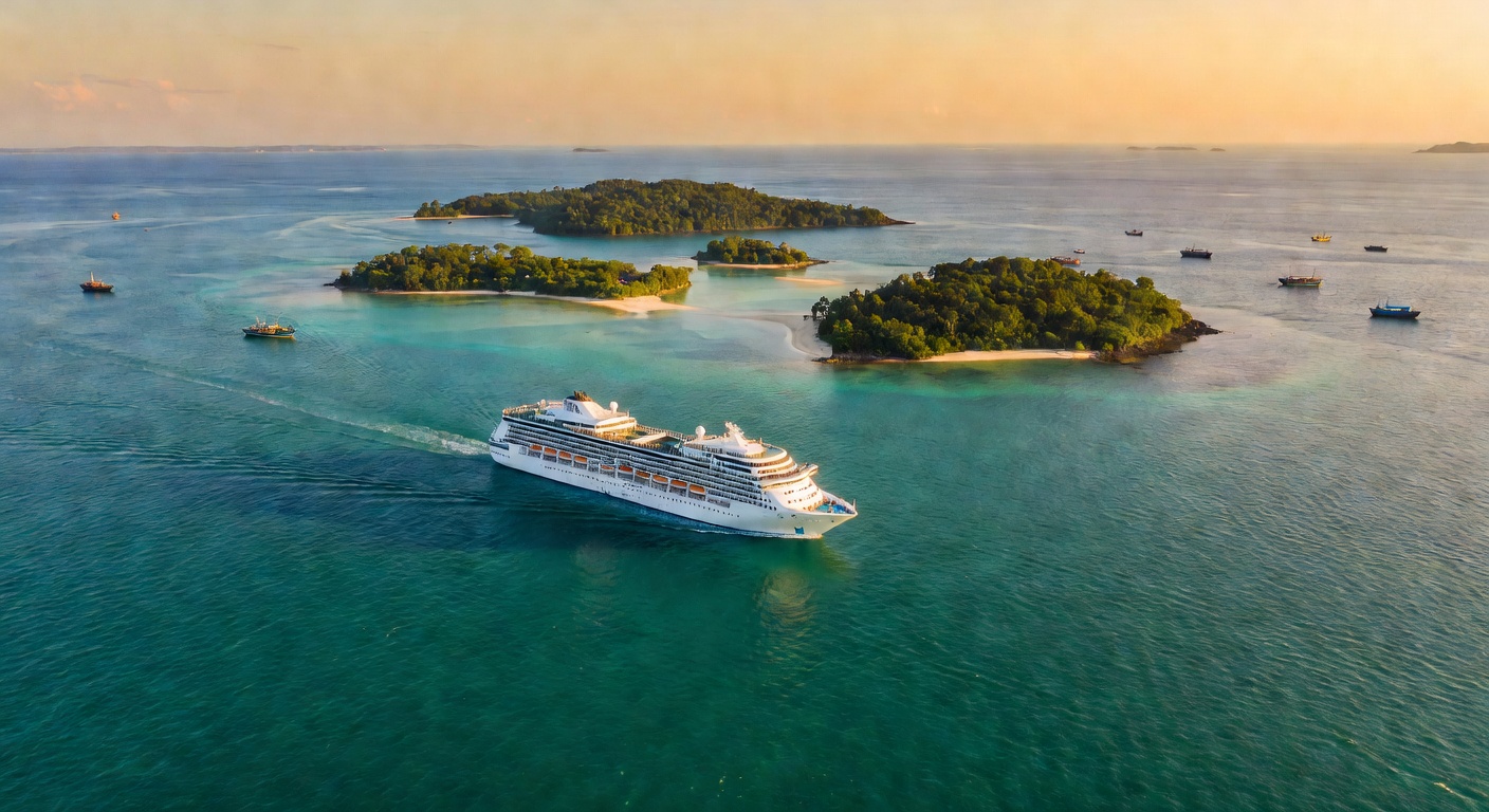 A wide aerial editorial travel photograph looking down on a cruise ship sailing through the turquoise waters of the Strait of Malacca with scattered green tropical islands and fishing boats visible in