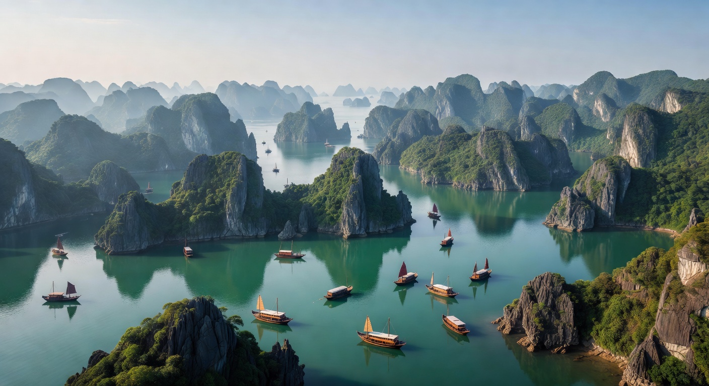 A wide aerial editorial travel photograph of dramatic limestone karsts rising from turquoise waters in Ha Long Bay, Vietnam, with traditional boats scattered across the calm sea under hazy tropical li