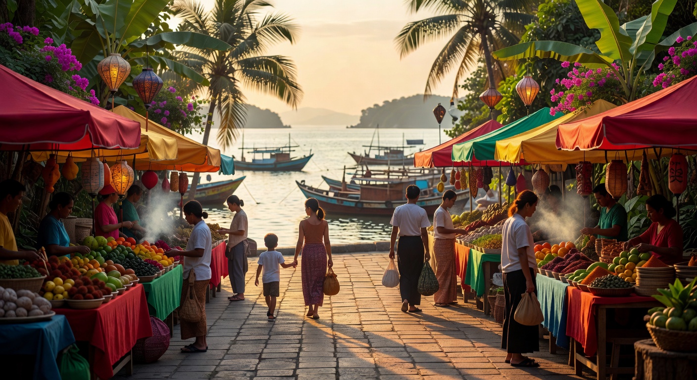A wide editorial travel photograph of a multigenerational family group walking along a bustling Southeast Asian waterfront market with colourful stalls, tropical vegetation, and a harbour visible in t