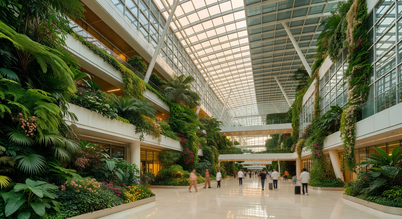 A wide editorial travel photograph of Singapore's Changi Airport interior showing its modern architecture, lush indoor gardens, and bright natural light with travellers moving through the spacious ter