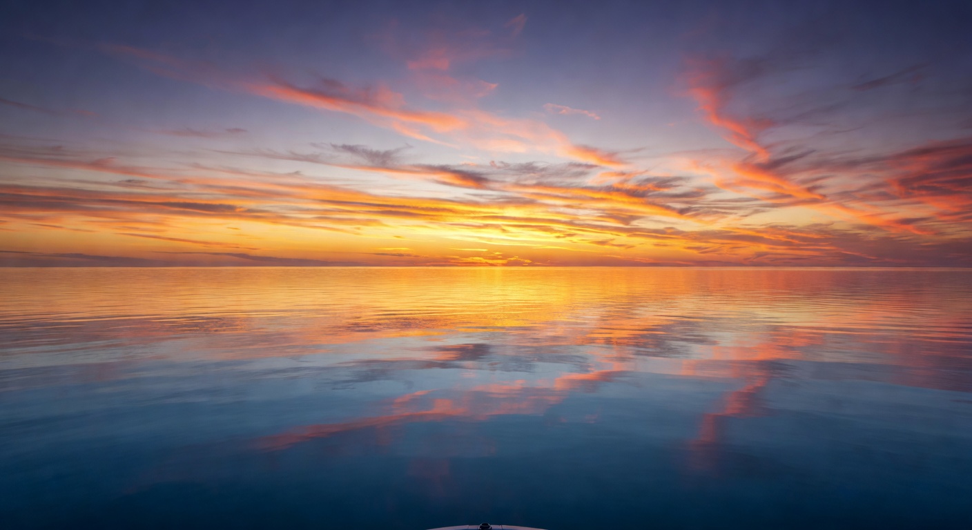 A wide panoramic editorial photograph of an open Gulf of Mexico seascape at sunset, with calm deep-blue water stretching to the horizon and warm amber and coral tones in the sky, evoking the sense of 