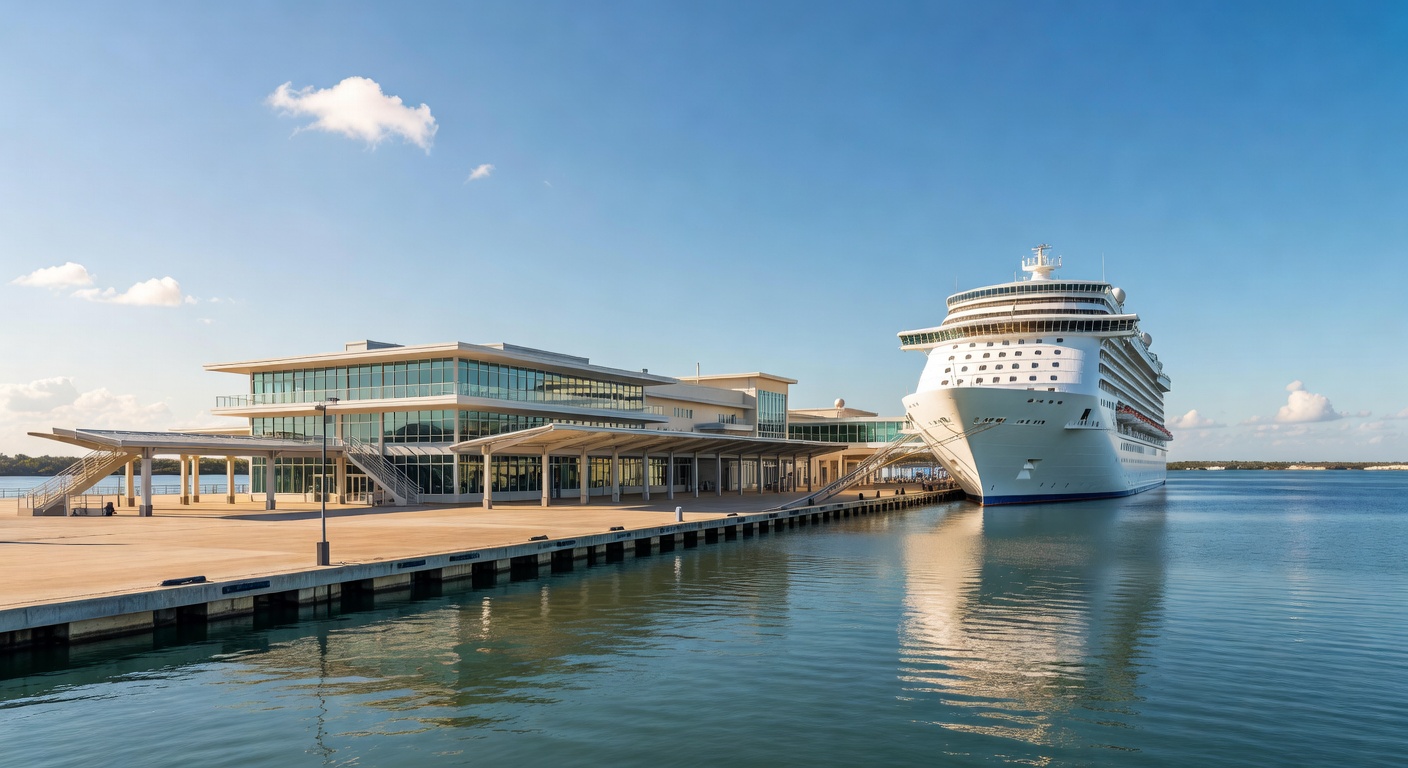 A wide editorial travel photograph of the Port Tampa Bay cruise terminal with a cruise ship docked alongside the waterfront, showing the compact, uncrowded scale of the port facilities against a clear