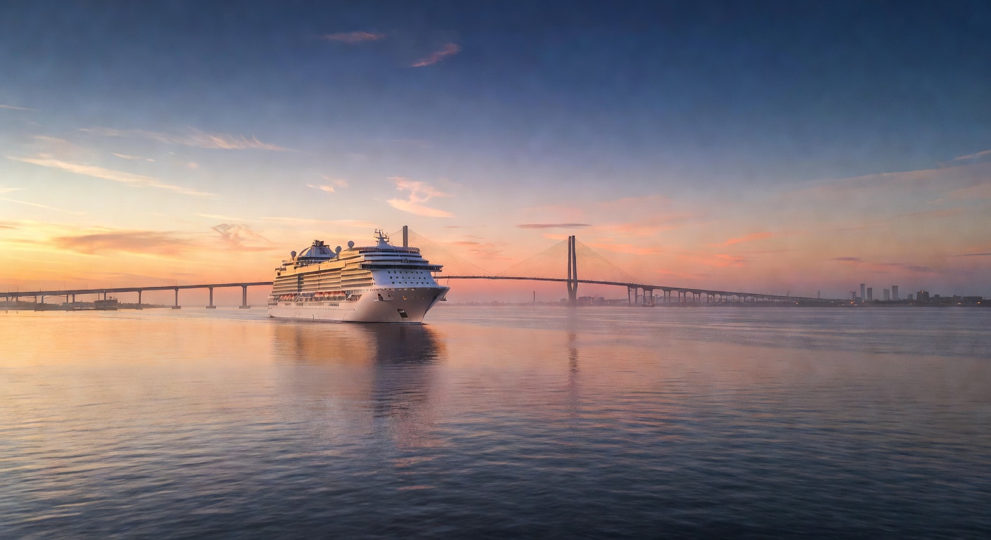 A wide editorial photograph of a large cruise ship sailing through Tampa Bay at dawn with the Sunshine Skyway Bridge or the Tampa port skyline softly visible in the background and open Gulf waters ahe