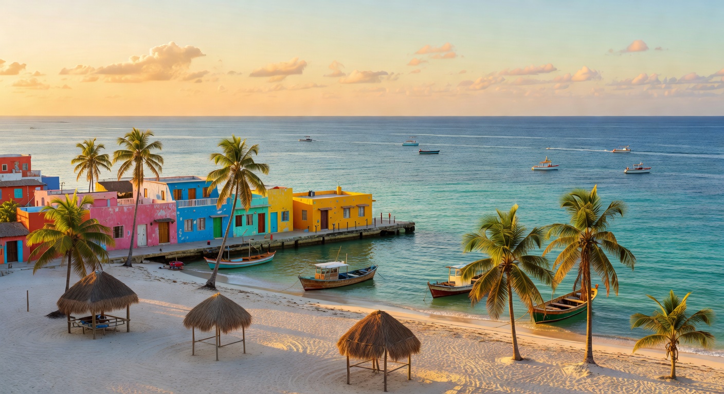 A wide editorial travel photograph of a colorful beachfront scene at a laid-back Mexican Caribbean port town with palm-thatched palapas, bright painted buildings, and calm ocean waters stretching to t