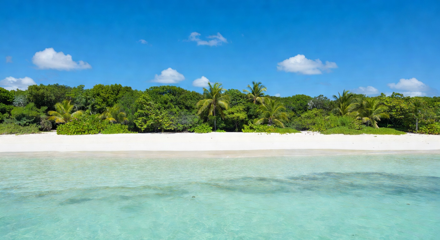 A wide panoramic editorial photograph of the Yucatán Caribbean coastline seen from the water, showing white sand, lush green vegetation, and the brilliant turquoise gradient of the shallow reef waters