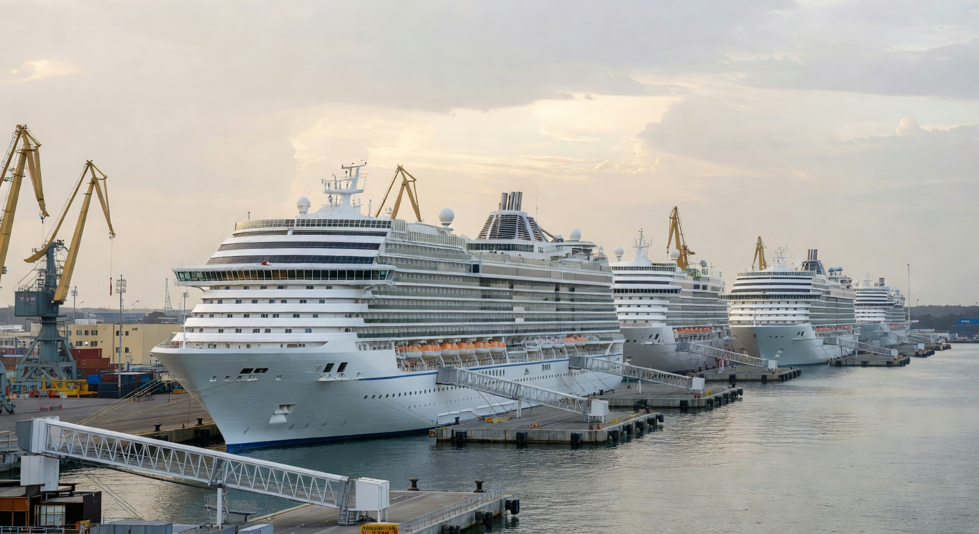 A wide editorial travel photograph of multiple mid-sized cruise ships docked side by side at a busy cruise port terminal, seen from a slightly elevated angle, with gangways extended and a warm overcas