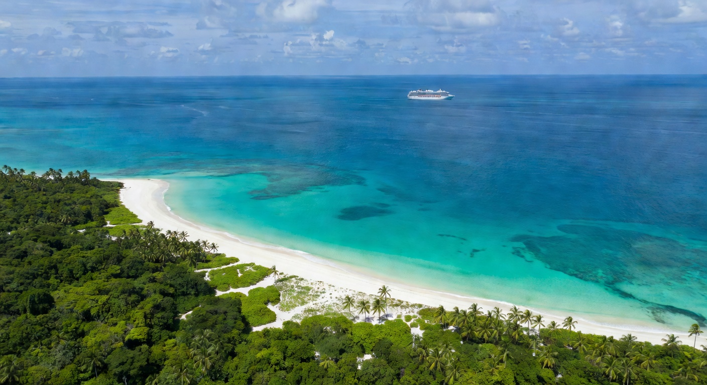 A wide cinematic aerial photograph of the turquoise coastline of Costa Maya or the Yucatán Peninsula, with white sand beaches meeting dense green jungle and a cruise ship visible in the distance offsh