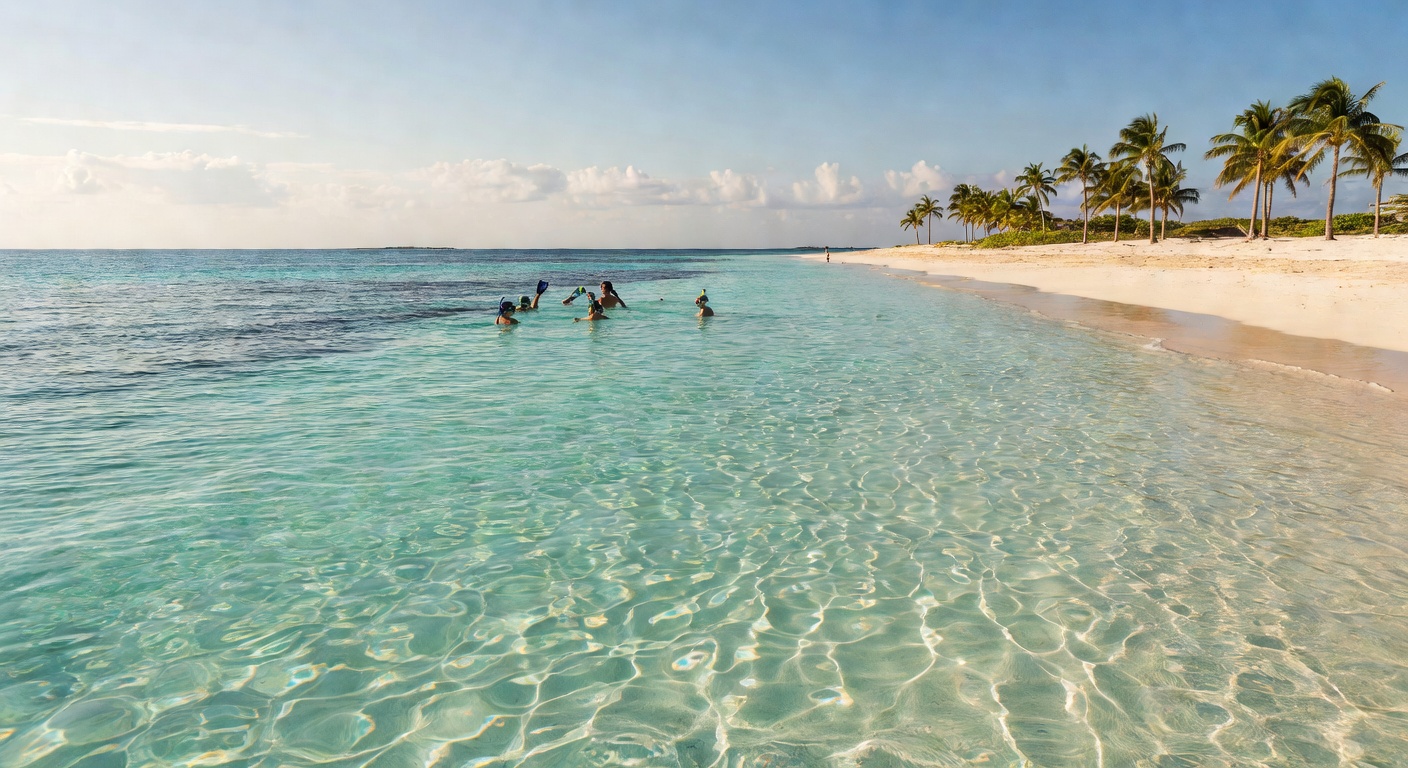 A wide editorial travel photograph of a young family snorkelling together in shallow turquoise Caribbean water near a white-sand beach, with gentle waves and a distant palm-lined shore creating a rela