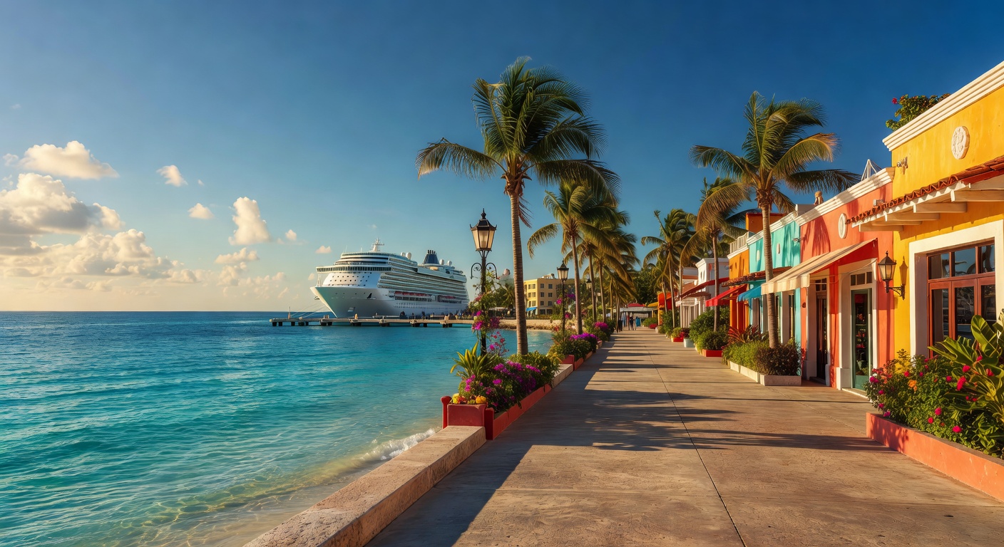 A wide editorial travel photograph of the colorful waterfront promenade in Cozumel, Mexico, with cruise ship piers visible in the background and the Caribbean Sea stretching out in vivid turquoise alo