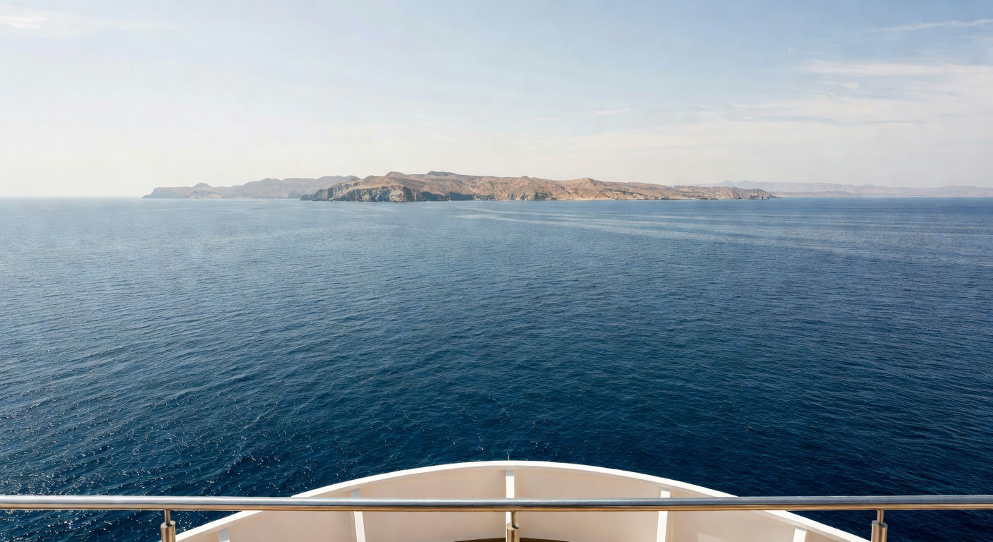A wide editorial travel photograph looking down from a cruise ship deck at the deep blue Pacific Ocean with the hazy Baja California coastline visible in the distance on a clear sea day.