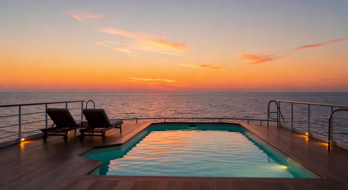 A wide editorial travel photograph of a couple relaxing on lounge chairs on a cruise ship pool deck with the calm Pacific Ocean stretching to the horizon under a warm golden-hour sky.
