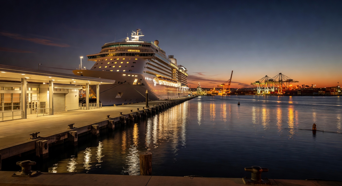 A wide editorial travel photograph of the San Pedro World Cruise Center terminal area at dusk with a large illuminated cruise ship berthed alongside the dock and the lights of the Los Angeles harbor g
