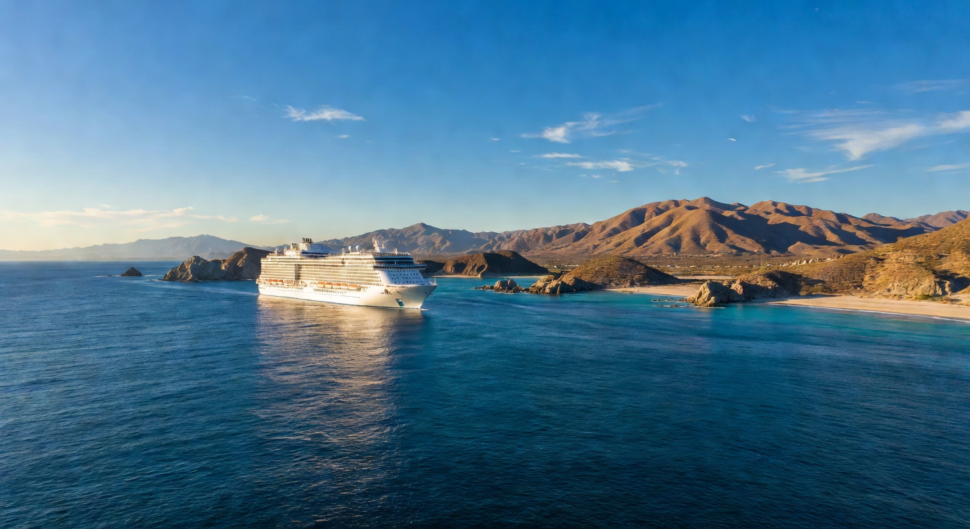 A wide editorial travel photograph of a large cruise ship sailing along the sunlit Pacific coastline of Mexico with dramatic blue ocean and distant arid mountains visible on the horizon.