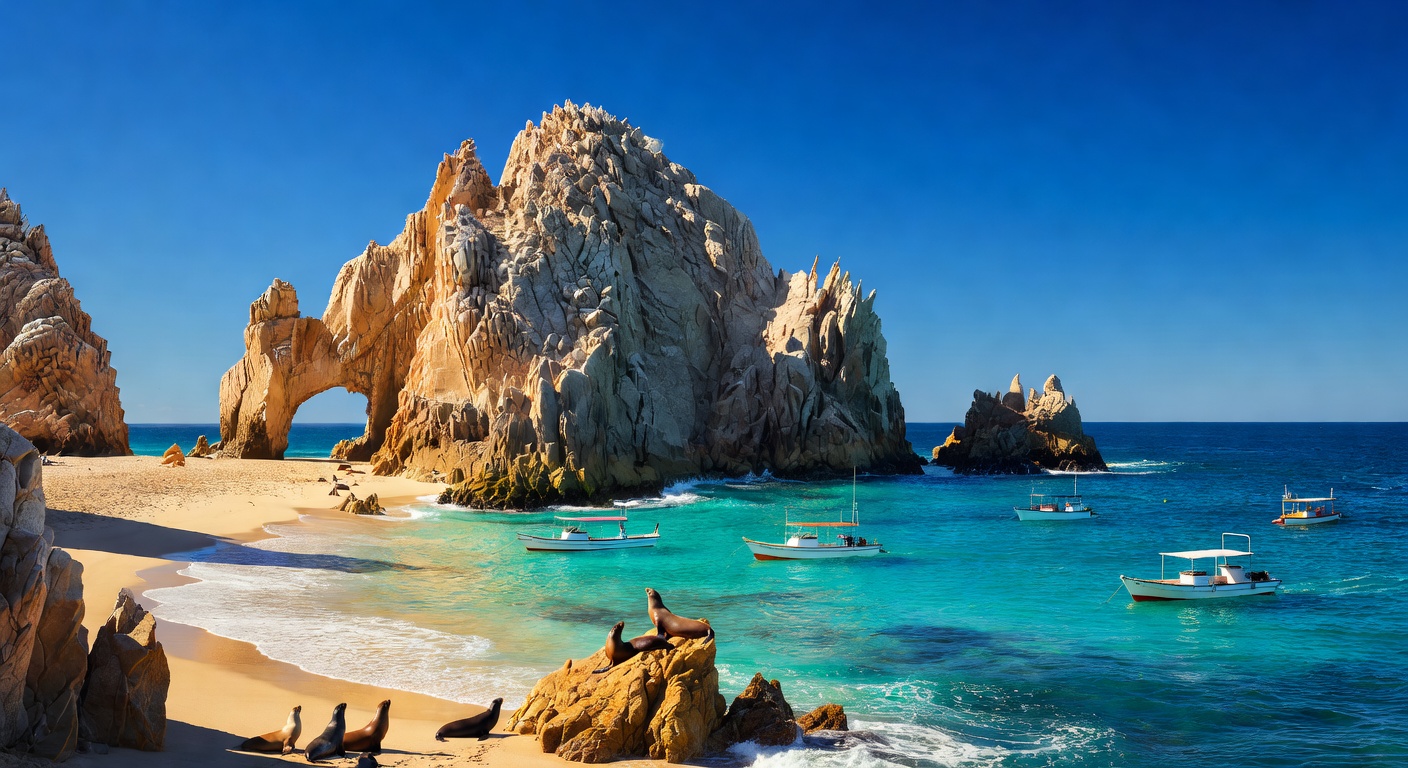 A wide editorial travel photograph of the iconic El Arco rock formation at Land's End in Cabo San Lucas seen from the turquoise water, with small boats and the sandy beach visible under bright tropica