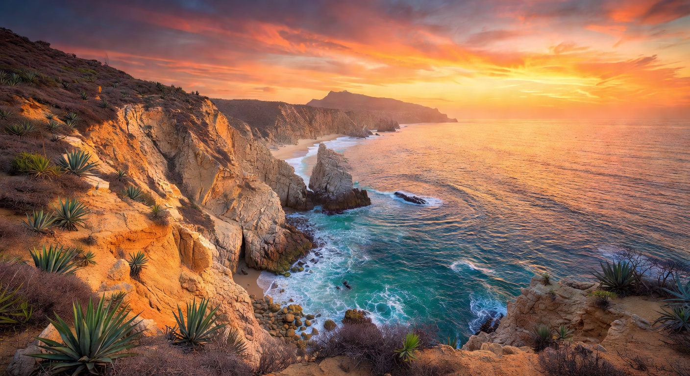 A wide panoramic editorial travel photograph of the dramatic Pacific coastline of the Mexican Riviera with golden cliffs meeting turquoise waters under a vivid sunset sky, shot from an elevated coasta