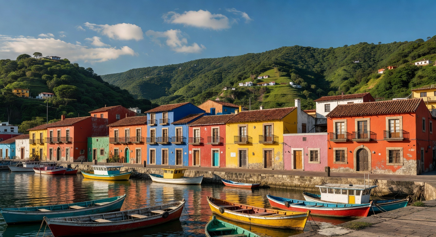 A wide editorial travel photograph of a colorful Mexican port town waterfront with traditional architecture, fishing boats in a calm harbor, and lush green hillsides rising behind the shoreline under 