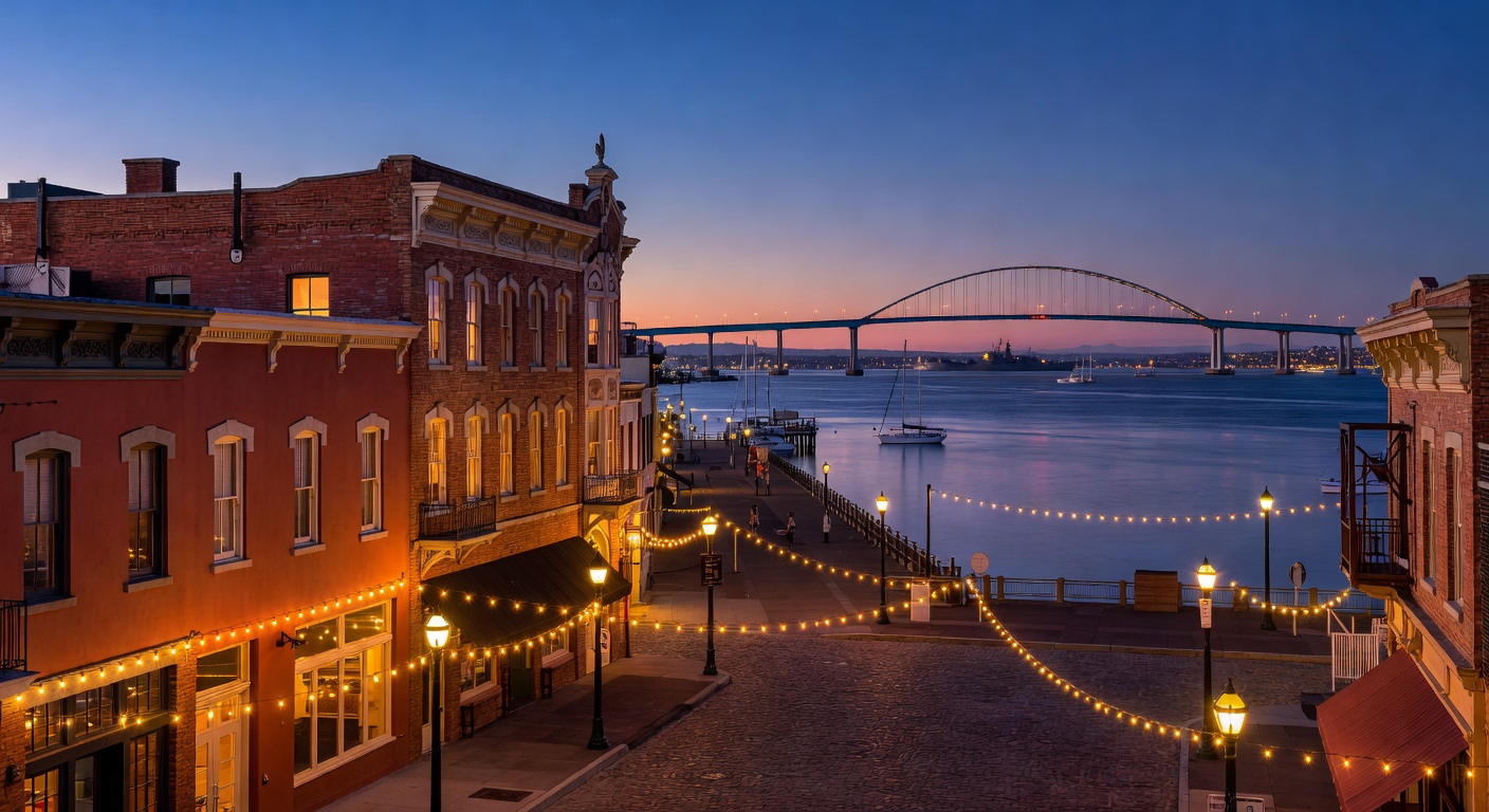 A wide editorial travel photograph of San Diego's downtown waterfront at dusk showing the illuminated Gaslamp Quarter streetscape with historic buildings and string lights in the foreground and the ha