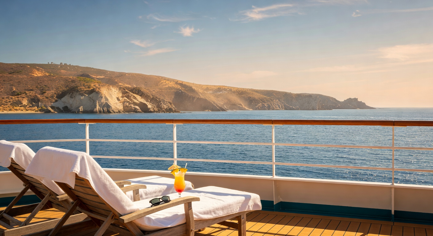 A wide editorial travel photograph of a couple relaxing on a cruise ship's open deck with the dry, sunlit hills of the Baja California coastline visible across calm blue water in the background, conve