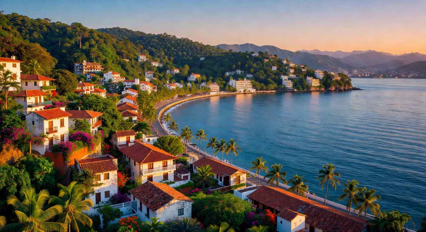 A wide editorial travel photograph showing the lush tropical waterfront of Puerto Vallarta with terracotta-roofed buildings cascading down green hillsides toward a curving bay with deep blue Pacific w