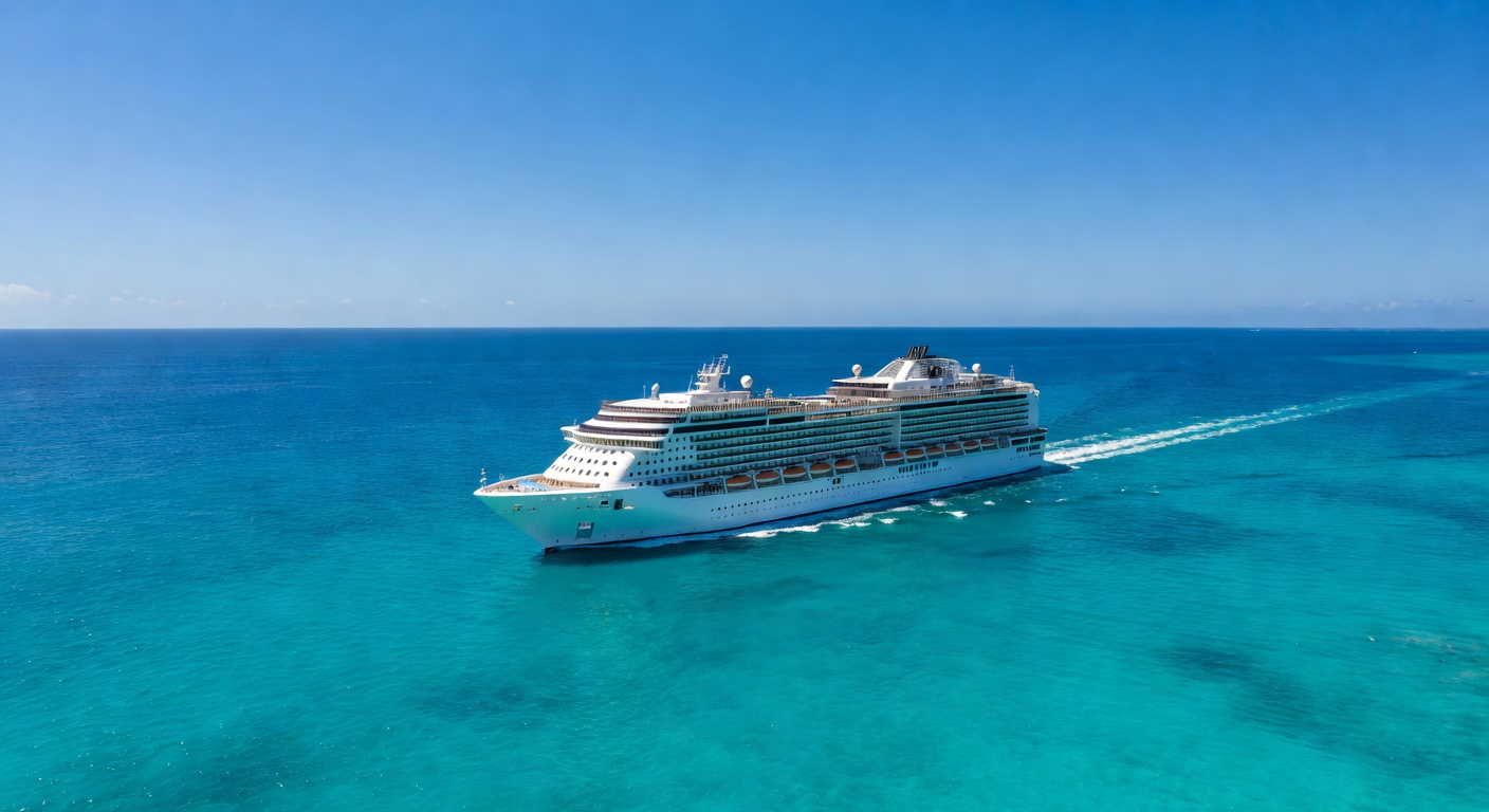 A wide editorial photograph of a modern white cruise ship sailing through vivid turquoise tropical waters under a bright blue sky, captured from an elevated aerial perspective showing the full length