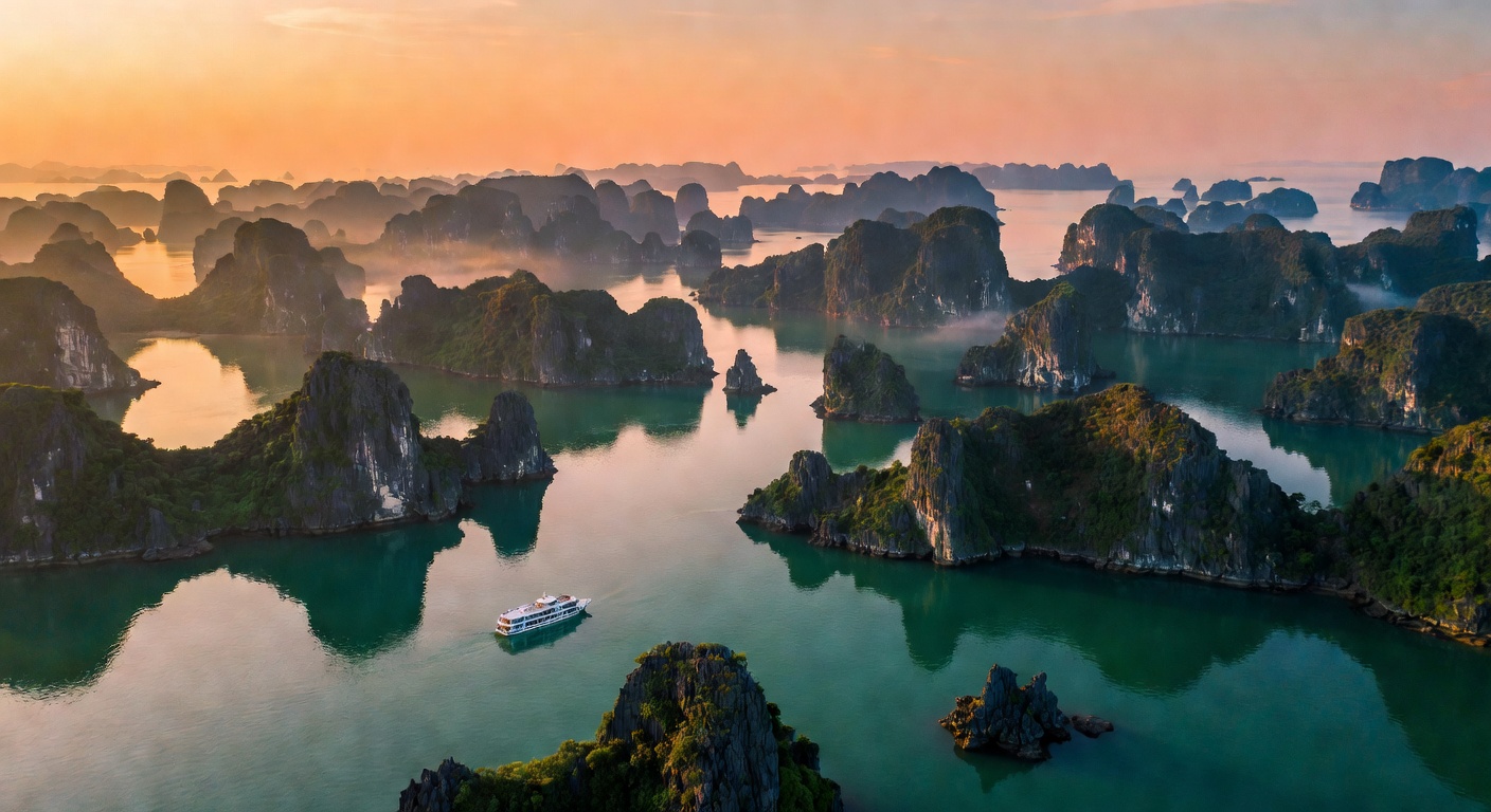 A wide cinematic aerial photograph of Ha Long Bay at golden hour, with dozens of emerald limestone karsts rising from glassy water and a small cruise vessel threading between the formations, capturing