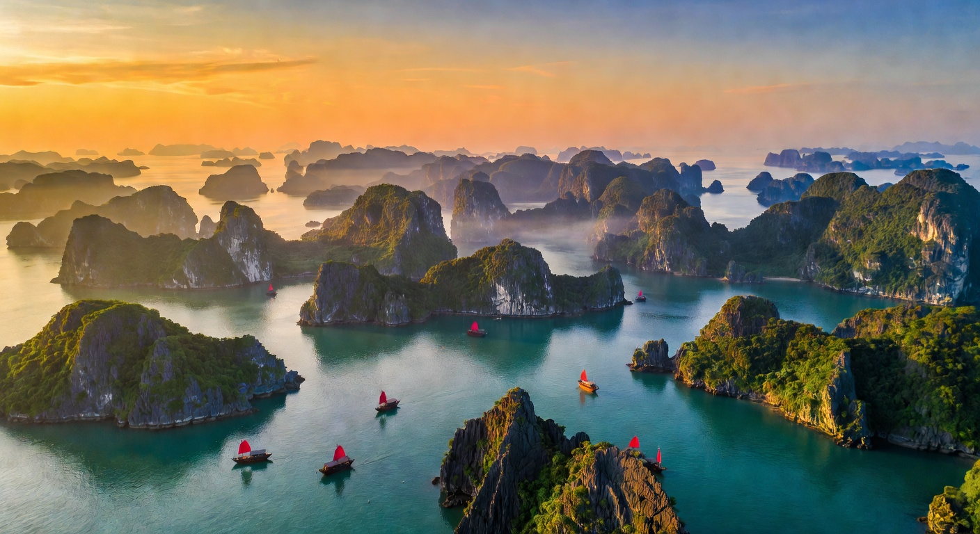 A wide cinematic aerial photograph of Ha Long Bay at golden hour showing dozens of emerald limestone islands rising from calm turquoise water, with small traditional junk boats scattered across the ba