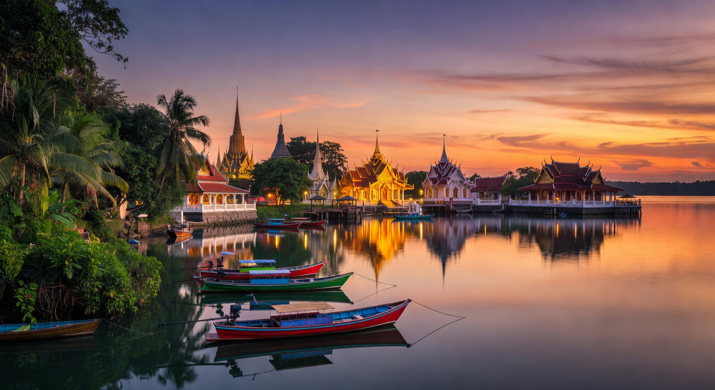 A wide editorial travel photograph of a panoramic Southeast Asian harbour at dusk with illuminated waterfront temples, colourful longtail boats, and a warm twilight sky reflecting on calm coastal wate