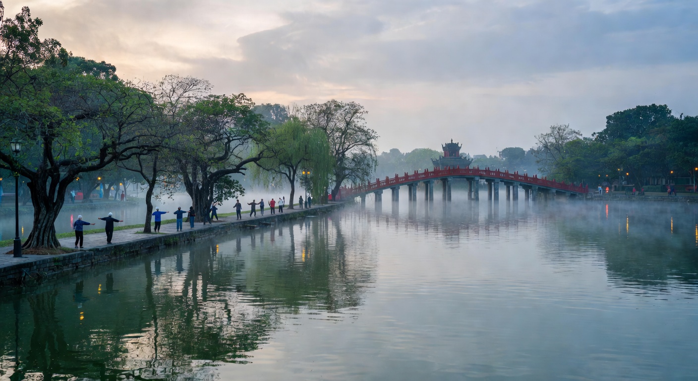 A wide editorial travel photograph of Hanoi's Hoan Kiem Lake at dawn with mist over the water, the red Huc Bridge visible in the mid-ground, and locals practising tai chi along the tree-lined shore.