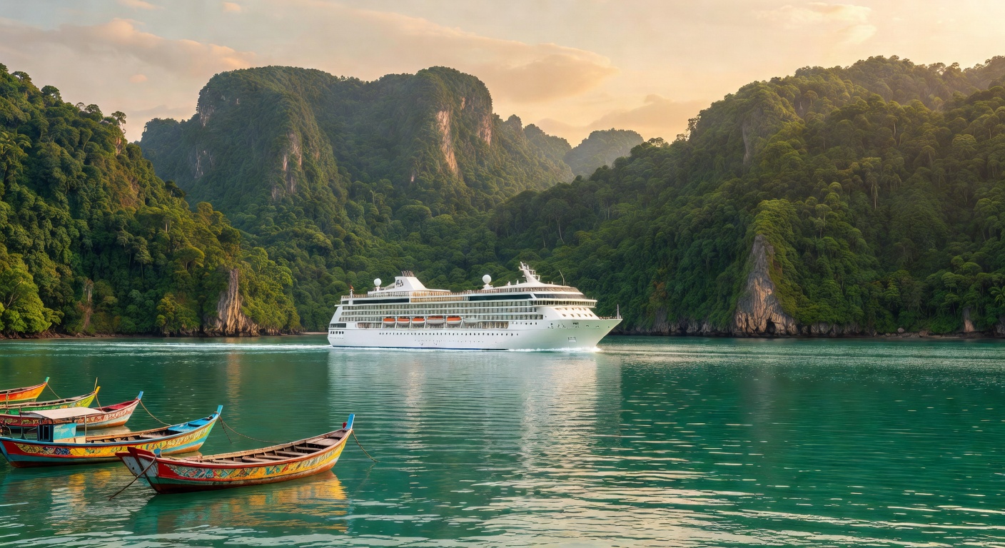 A wide editorial travel photograph of a cruise ship sailing past a lush tropical Southeast Asian coastline with green hills and scattered fishing boats in the foreground, evoking a multi-port regional