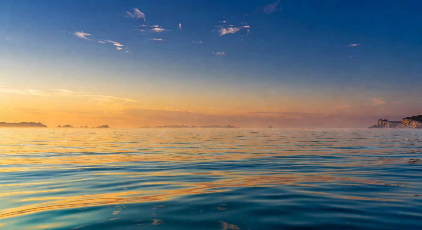 A wide editorial travel photograph showing a panoramic Mediterranean seascape at golden hour with a vast expanse of calm turquoise water stretching between distant coastlines, evoking the sense of an 