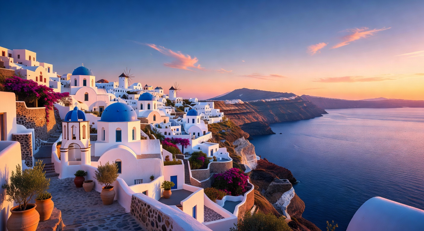 A wide editorial travel photograph of the iconic white-and-blue architecture of Santorini perched on volcanic cliffs above the deep azure Aegean Sea, bathed in warm golden-hour light.