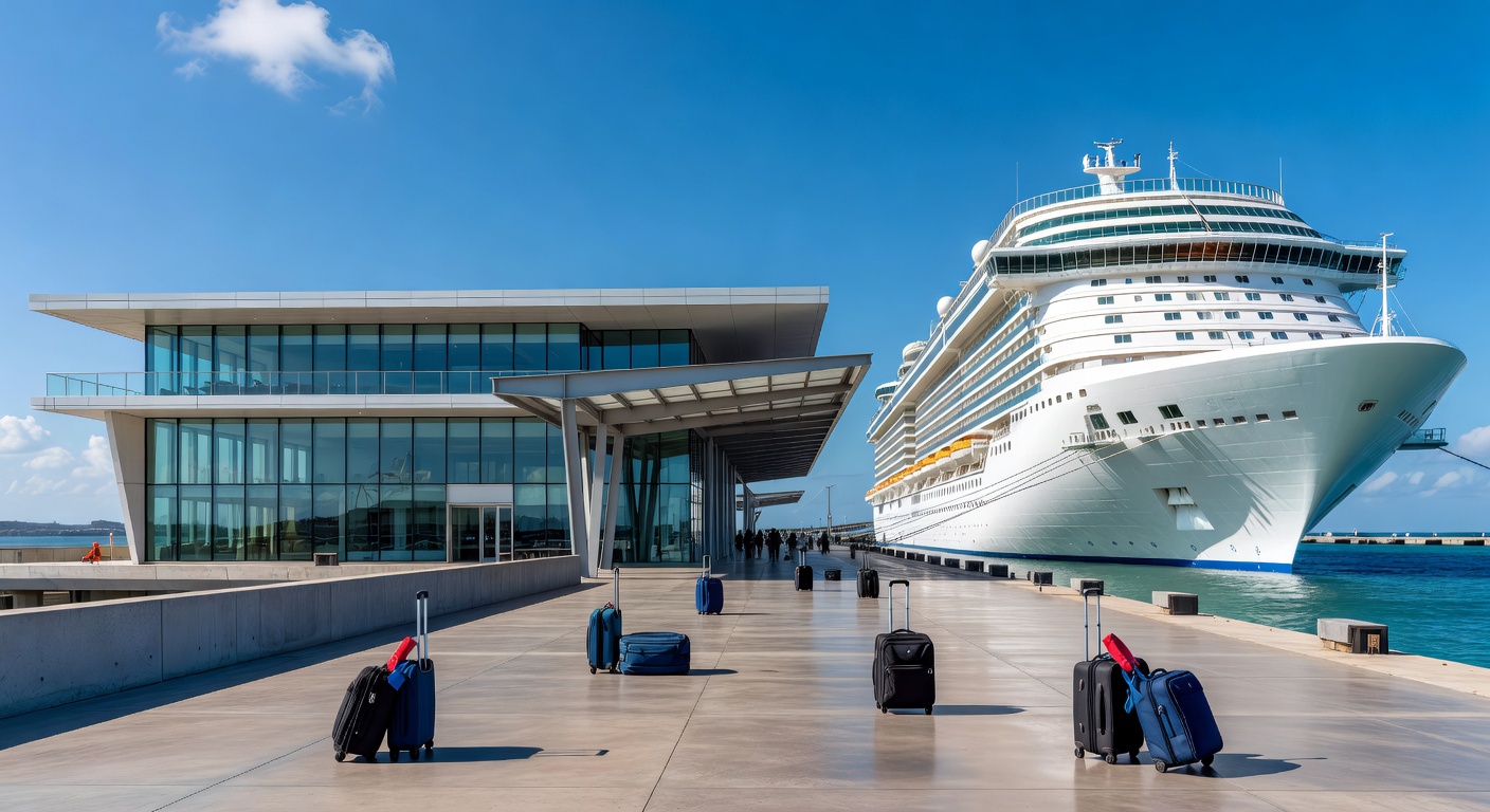 A wide editorial travel photograph of passengers with rolling luggage walking along a modern cruise terminal wharf on a bright day, with a towering cruise ship hull rising beside them and the terminal