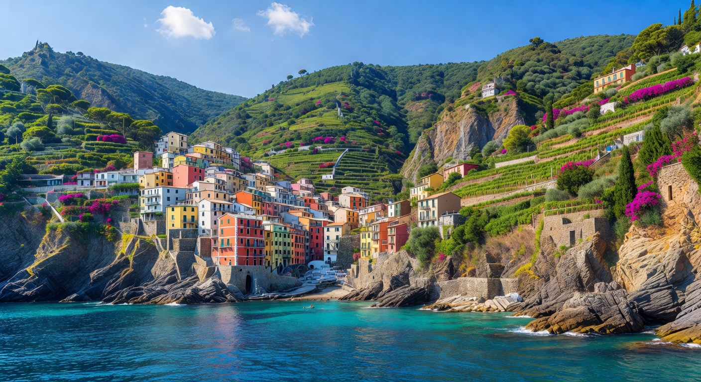 A wide editorial travel photograph of the colorful Italian coastline viewed from the sea, with terraced pastel villages clinging to hillsides above bright blue Mediterranean waters on a sunny day.