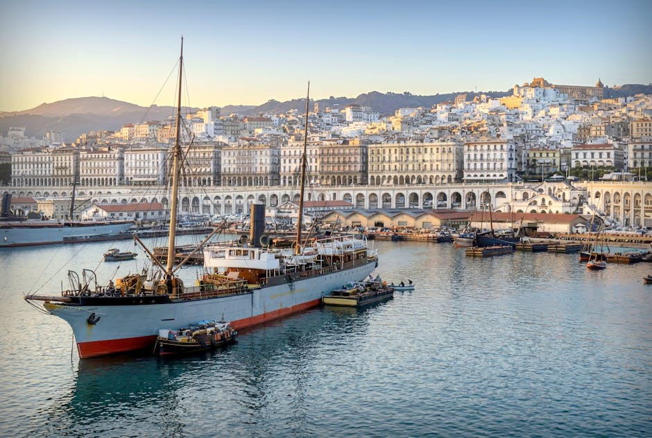 Algiers harbor featuring historic ships and beautiful architecture during the day.