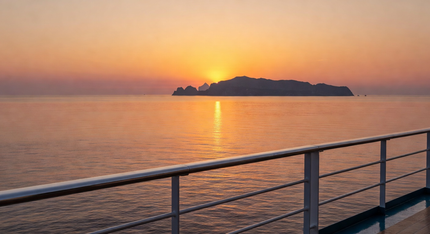 A wide editorial travel photograph of a calm East China Sea seascape at golden hour, shot from the upper deck of a cruise ship with the railing in the foreground and a distant mountainous island silho