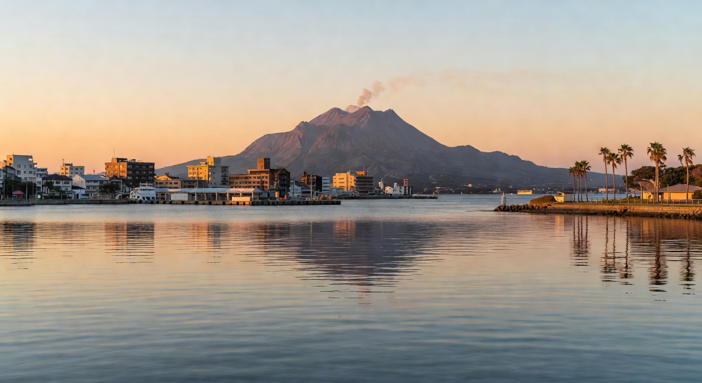 A wide editorial travel photograph of Kagoshima's waterfront with the dramatic Sakurajima volcano smoking gently across the bay, calm harbour water in the foreground, and the Japanese city skyline low