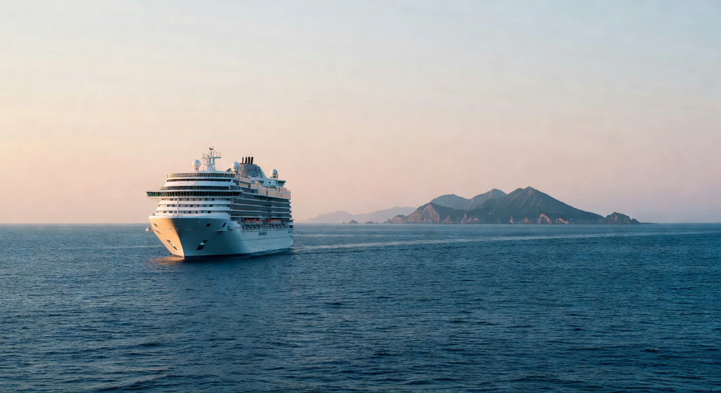 A wide editorial travel photograph of a cruise ship navigating deep blue East Asian waters with a distant Japanese island silhouette on the horizon under a soft pastel sky, conveying the adventure of 