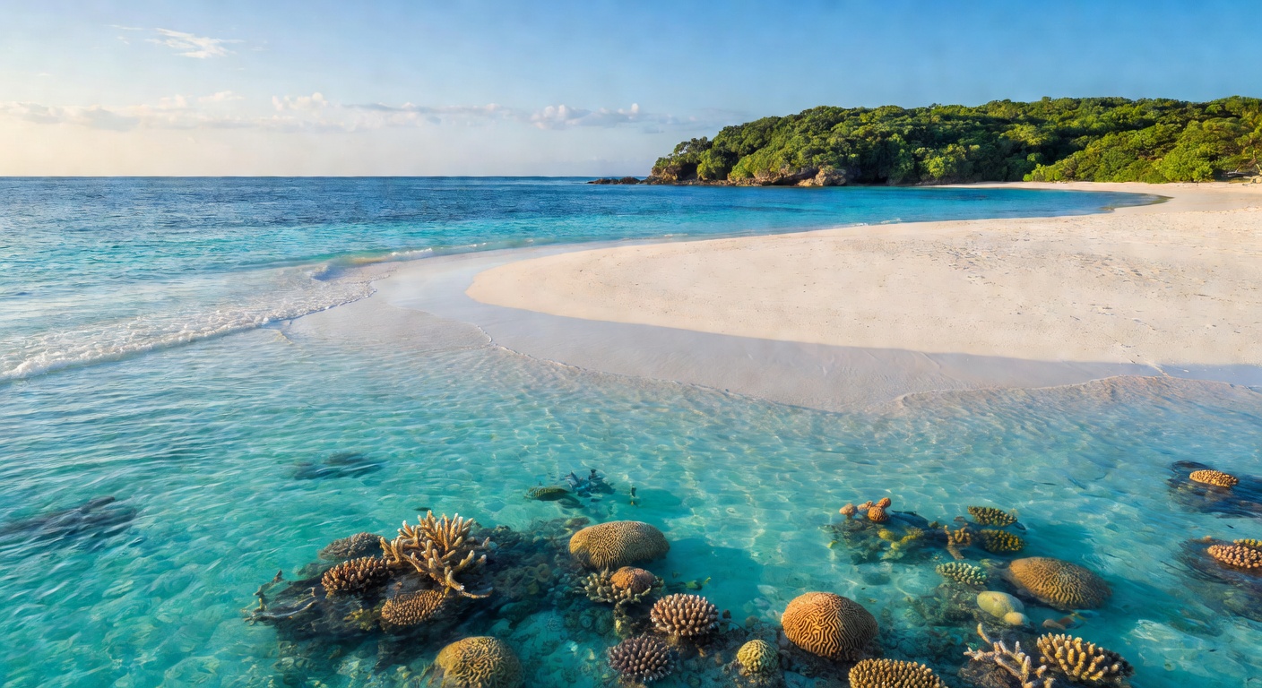 A wide editorial travel photograph of the turquoise shallow waters and white-sand shoreline of Ishigaki Island, Okinawa, with visible coral beneath crystal-clear water and a lush green headland in the